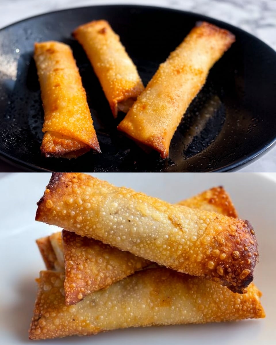The image shows golden brown fried spring rolls with a crispy, bubbly textured skin. On the left side, three spring rolls lie on a black air fryer tray with a shiny surface. On the right side, a white plate holds four stacked spring rolls, with one placed horizontally on top and shining faintly under soft lighting. The texture is crunchy, with small bubbles all over the rolls. The background has a white marbled texture. photo taken with an iphone --ar 4:5 --v 7