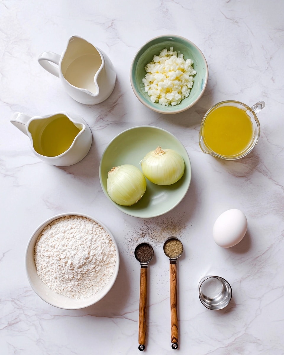 The image shows a top-down view of cooking ingredients placed on a white marbled surface. In the center, there is a white bowl with a light green inside holding two peeled yellow onions. Above it is a small green bowl filled with small, white crumbled pieces. To the right of this, there is a small white pitcher containing a yellow liquid. Below the pitcher are two measuring spoons with wooden handles, one filled with a dark powder and the other with a white powder. To the left, there is a white pitcher with a light yellow liquid. Toward the bottom left, there is a white bowl filled with white flour, and next to it, a small clear glass bowl with white powder. At the bottom right, there is a small silver cup holding a single white egg. Photo taken with an iphone --ar 4:5 --v 7