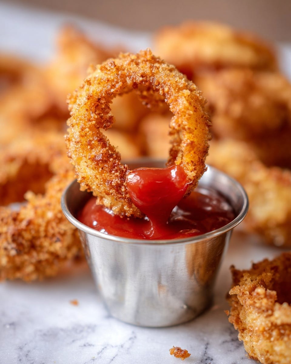 A close-up view of a crispy golden-brown fried onion ring being dipped into bright red ketchup in a small shiny metal cup. The onion ring has a rough, crunchy crumb coating and is held above the cup, with ketchup clinging to the bottom part of the ring. In the background, more onion rings with the same crispy texture are scattered on a white marbled surface, slightly blurred. The whole scene is warm and inviting, focused on the contrasting colors and textures between the crispy onion rings and smooth ketchup photo taken with an iphone --ar 4:5 --v 7