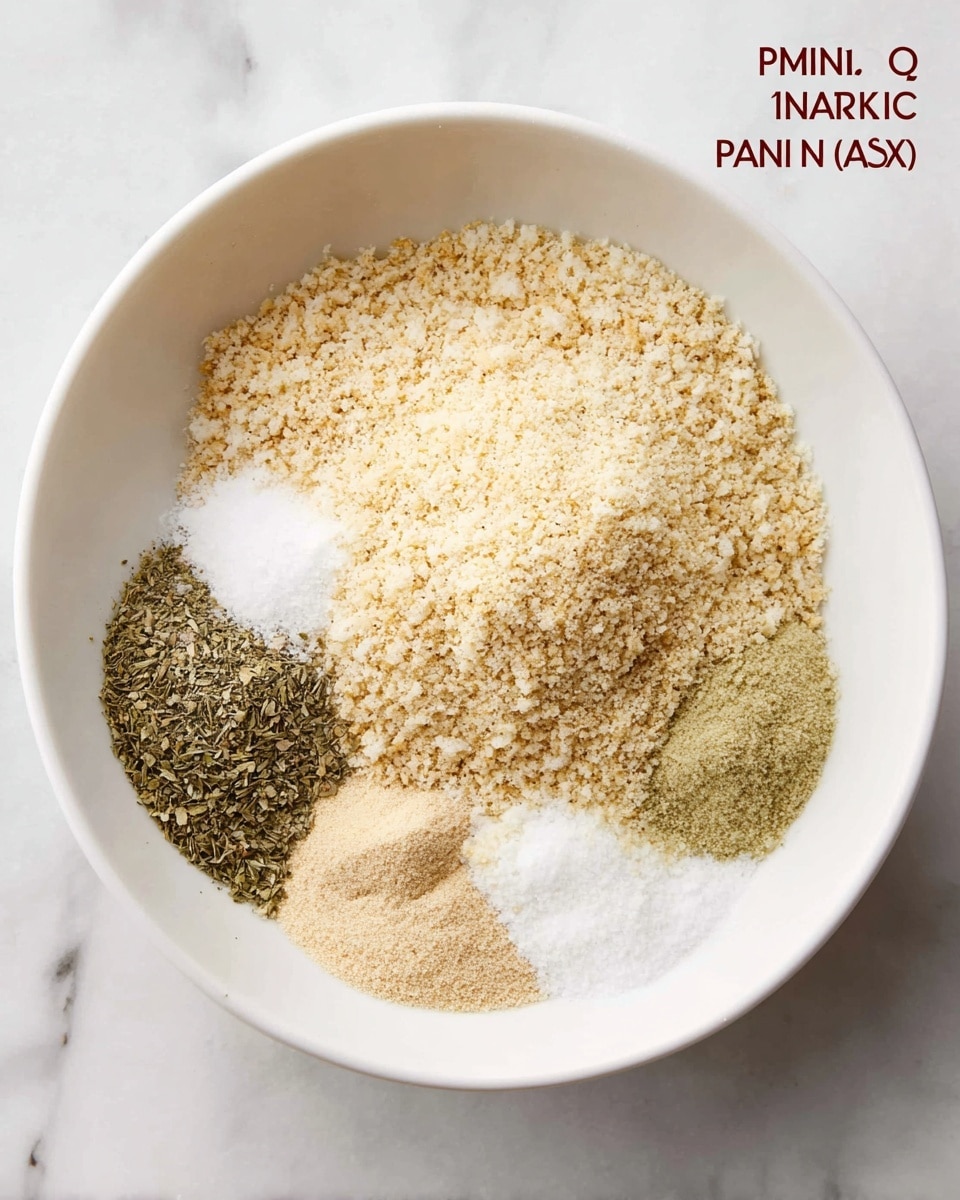 A white round bowl holds five different dry ingredients arranged in separate small piles touching each other. The largest pile is light beige panko crumbs covering most of the bowl. To the right is pale yellow Italian seasoning mix with a smooth texture. On the bottom left is a small heap of light tan garlic powder, next to it is a white fine onion powder, and above that is a small greenish mound of dried herbs. The bowl sits on a white marbled surface. Photo taken with an iphone --ar 4:5 --v 7