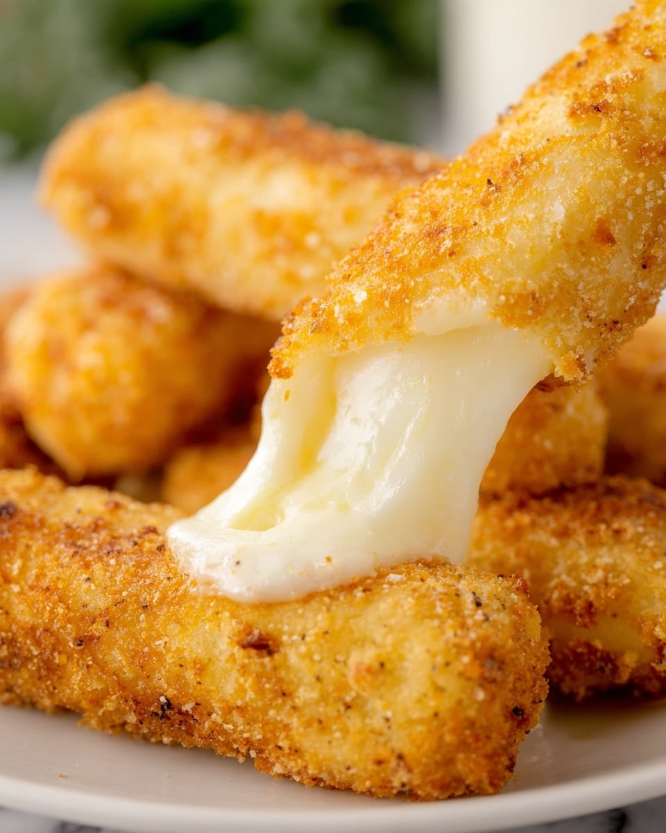 The image shows a close-up of a golden brown crispy stick with a rough, crunchy texture on the outside and a smooth, white melted layer of cheese stretching out as it pulls away. Behind it, more sticks with similar golden crusts are visible, all placed on a white plate. The background has a green blurred area, and the whole scene is set over a white marbled texture. photo taken with an iphone --ar 4:5 --v 7
