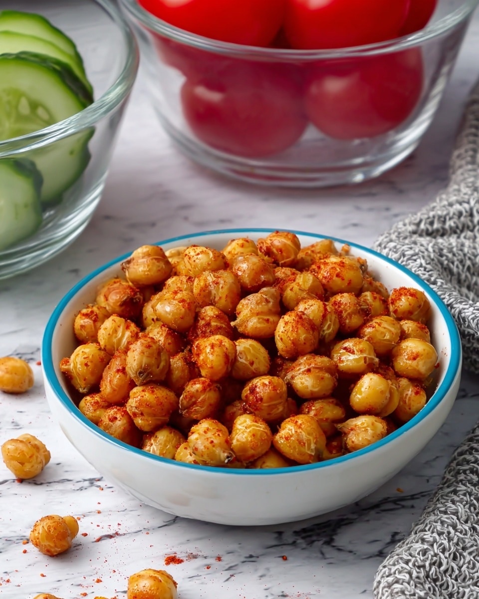 A white bowl with a thin blue rim is filled with one layer of round, golden brown roasted chickpeas that have a light dusting of red spice, giving them a slightly rough texture. The bowl sits on a white marbled surface with some scattered chickpeas around it. In the background, two clear glass bowls are visible: one with bright red tomato slices in water and the other with green cucumber slices. A gray knitted cloth partially lies between the glass bowls and the bowl of chickpeas. Photo taken with an iphone --ar 4:5 --v 7