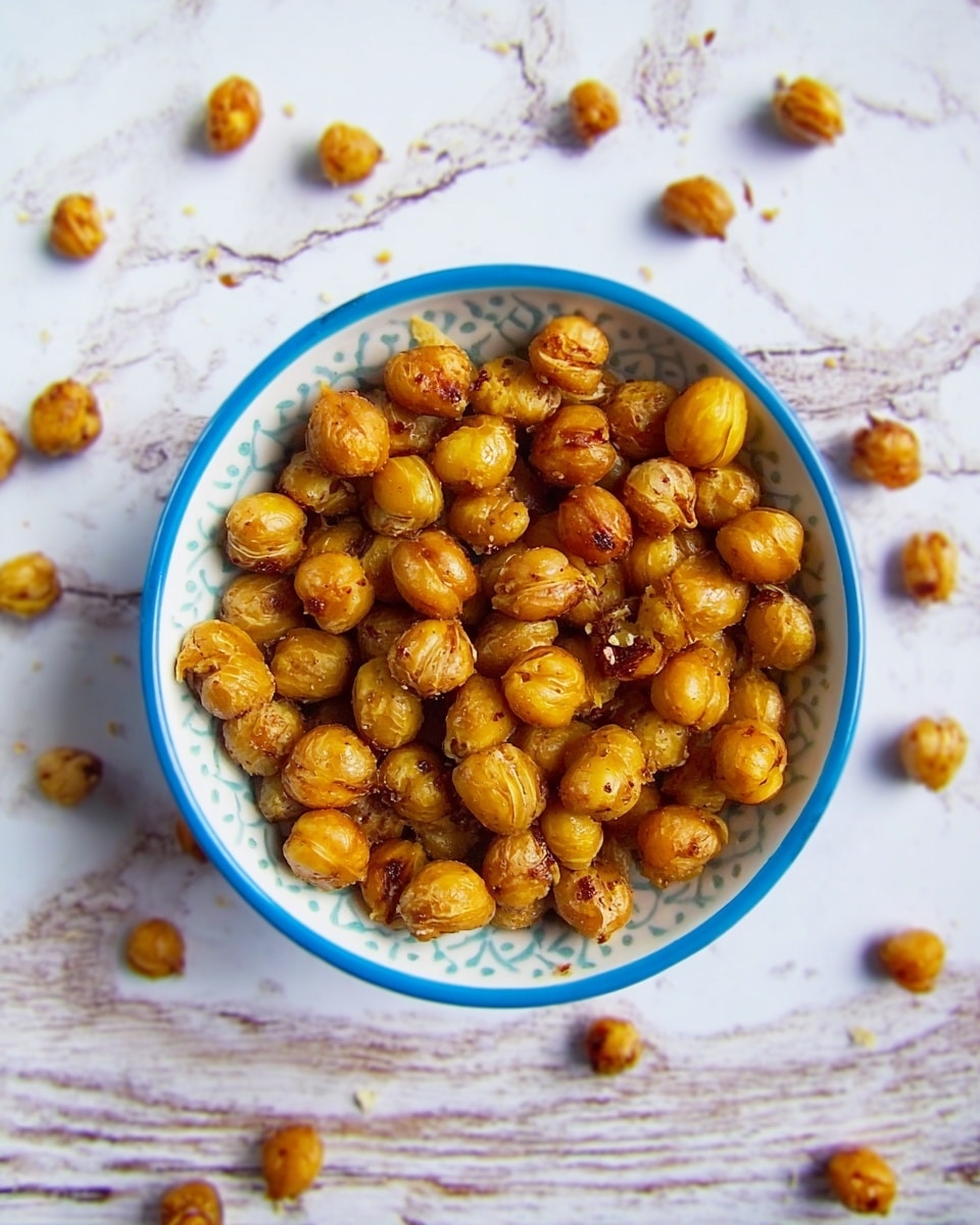 A white bowl with a blue rim and light blue inner pattern filled with a single layer of golden-brown roasted chickpeas, some with light seasoning visible; the bowl is placed on a white marbled texture surface scattered with more roasted chickpeas around it, showing a slightly rough and dry texture of the chickpeas and a rustic wood-like pattern beneath the marbled surface. photo taken with an iphone --ar 4:5 --v 7