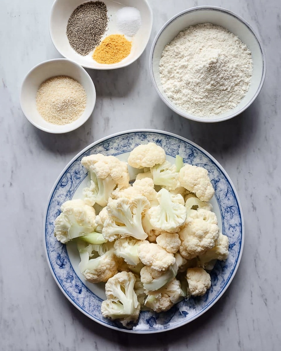 A white plate with blue spots is filled with roughly 25 light cream cauliflower florets of different sizes arranged loosely. To the top left, a white bowl holds dry ingredients divided into five sections: fine breadcrumbs, black pepper, salt, and two light yellow powders. To the top right, another white bowl contains plain white flour. The background is a white marbled surface with smooth texture and soft light. photo taken with an iphone --ar 4:5 --v 7