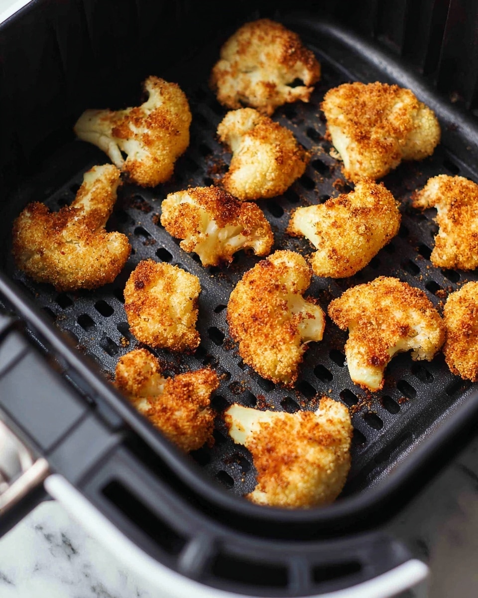The image shows a black air fryer basket filled with golden-brown, crispy cauliflower pieces. There are about a dozen cauliflower pieces spread out over a black grid surface with small slots, giving a crunchy texture look. The cauliflower pieces have an uneven, crispy coating with shades of light golden to darker brown, showing they are well cooked. Around the basket edges, the black air fryer walls frame the food, and a shiny metal handle is partially visible at the bottom right. The background is a white marbled surface. photo taken with an iphone --ar 4:5 --v 7