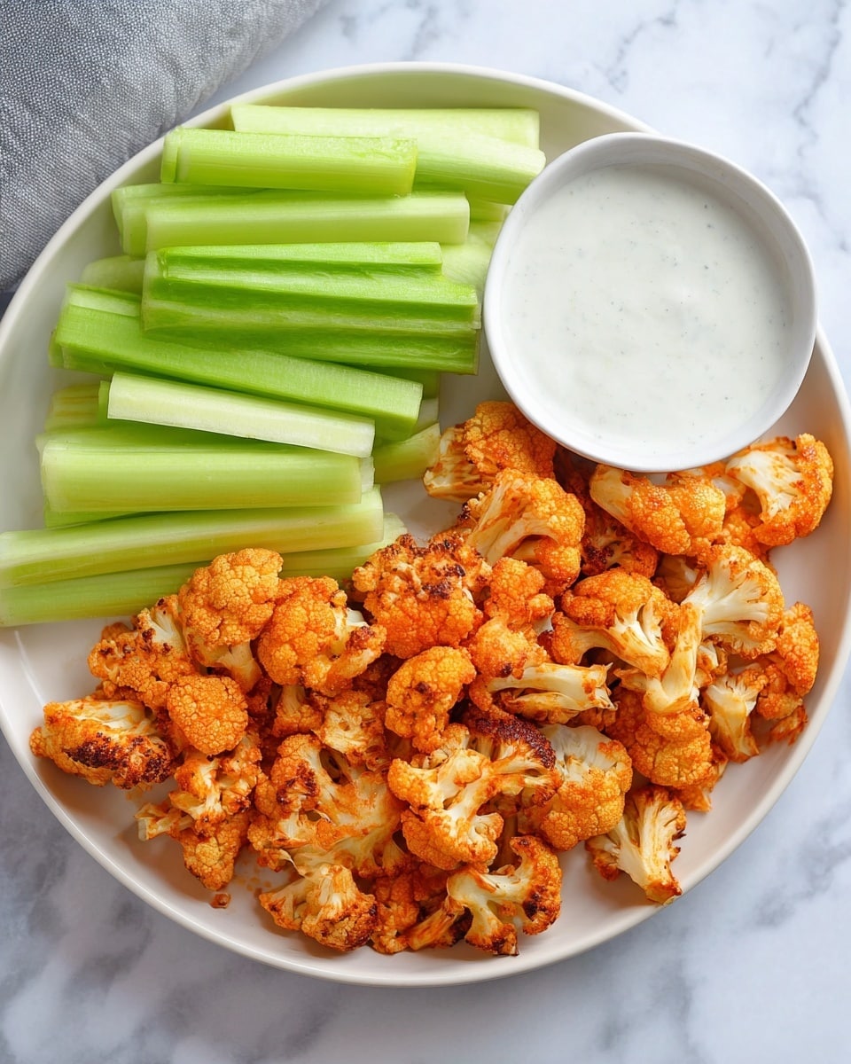 The image shows a white plate with three different layers of food neatly arranged. At the top left, there are fresh celery sticks, light green in color with a smooth texture, stacked side by side. To the right and taking up most of the plate is a large pile of roasted cauliflower pieces, which are golden orange with slightly darker edges, showing a crisp look. On the left side of the plate, a small white bowl holds a creamy, white dipping sauce with a smooth texture. The plate sits on a white marbled surface, and the photo is taken with an iphone --ar 4:5 --v 7