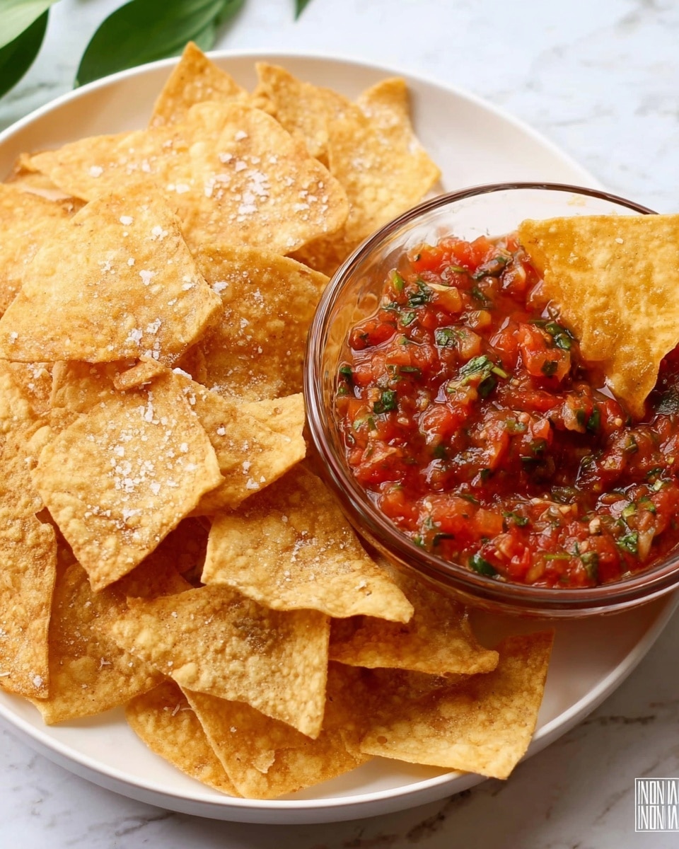 A white plate filled with many light golden crispy tortilla chips, some sprinkled with coarse salt, placed next to a clear glass bowl filled with chunky red salsa that shows bits of green herbs and small pieces of tomato. One of the tortilla chips is dipped into the salsa, resting on the side of the bowl. The whole scene is set on a white marbled surface. photo taken with an iphone --ar 4:5 --v 7