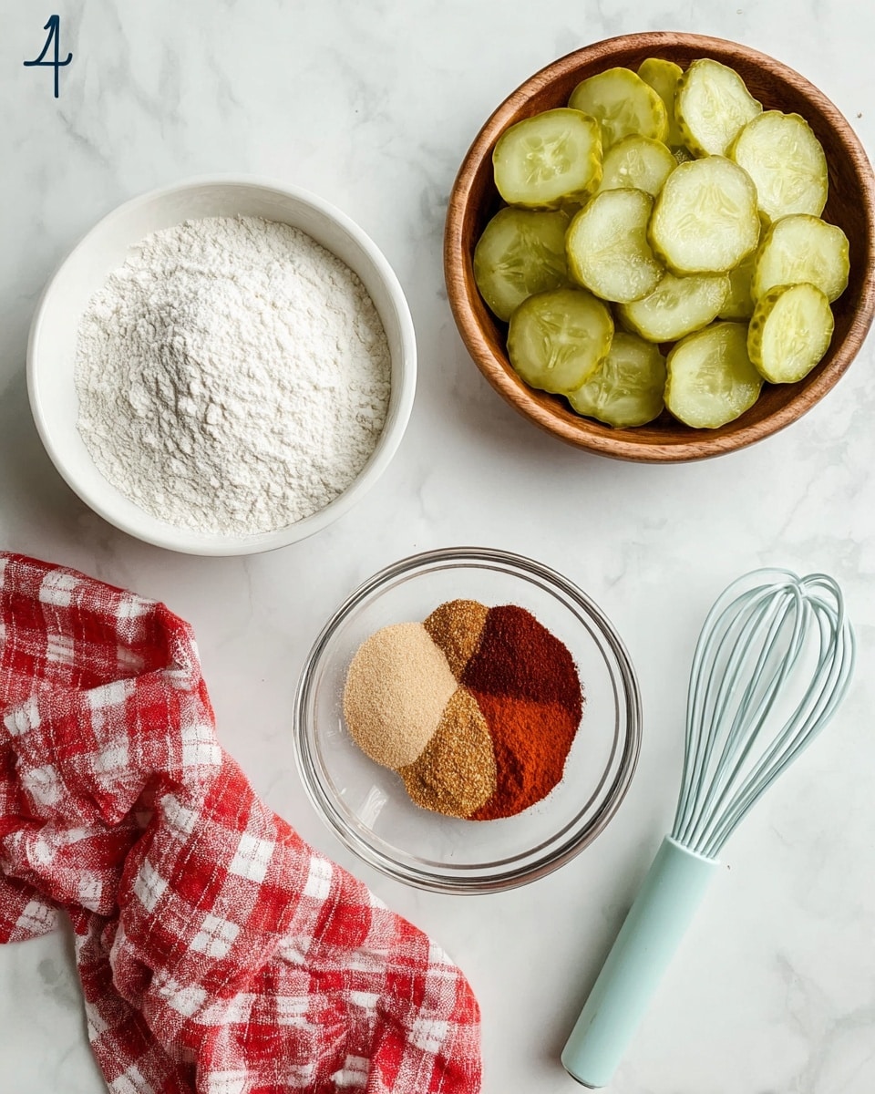 The image shows a white marbled surface with three main items arranged neatly: a white bowl filled with white flour at the top left, a round wooden bowl at the top right full of evenly sliced green pickles with ridged edges, and a clear glass bowl in the center containing three different spices layered side by side—light beige, reddish-brown, and dark brown—with a smooth texture. To the right side of the glass bowl is a light blue whisk with a metal neck. A red and white checked cloth is spread out partially on the bottom left corner, adding a touch of color. photo taken with an iphone --ar 4:5 --v 7