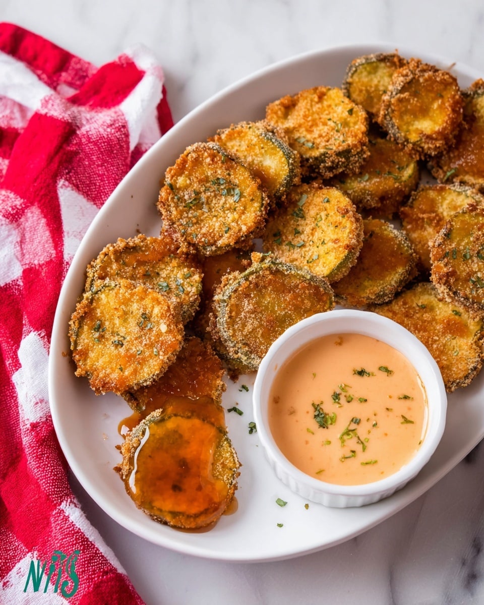 A white oval plate filled with crispy fried pickles that have a golden brown, crunchy coating with some herbs sprinkled on top. One pickle near the front is covered in a shiny, honey-like sauce, adding a glossy amber layer. To the right side of the plate, a small white bowl holds a creamy, light orange dipping sauce with small green herb flakes on its smooth surface. The plate sits on a white marbled surface, and a red and white checkered cloth is draped on the left edge of the image. Photo taken with an iphone --ar 4:5 --v 7