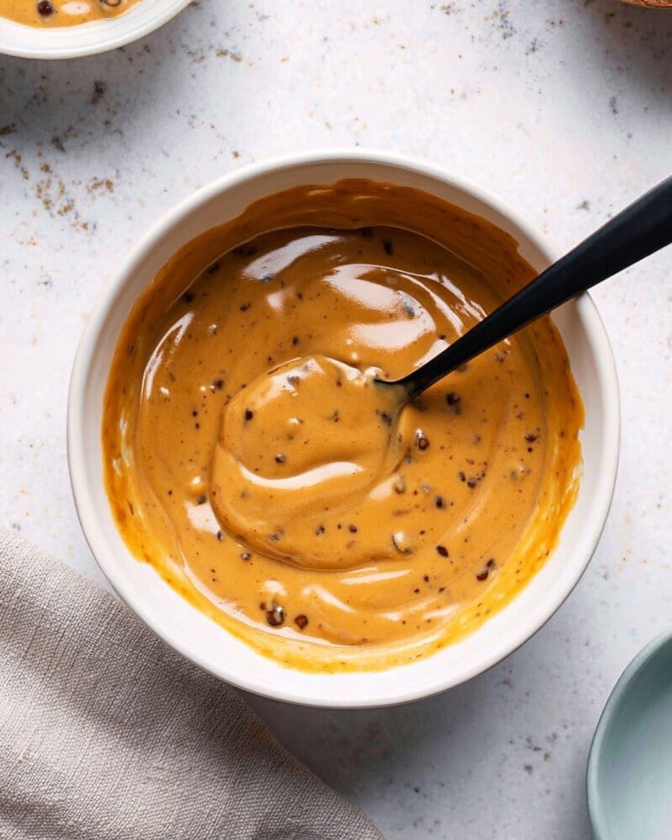 A white bowl filled with a thick, smooth, light brown sauce mixed with small dark brown pieces spread evenly throughout the sauce. A black spoon rests inside the bowl, partially submerged in the sauce with its handle extending outwards. The bowl is placed on a white marbled surface with a light gray cloth slightly visible nearby and parts of other dishes barely seen around the edges. Photo taken with an iphone --ar 4:5 --v 7