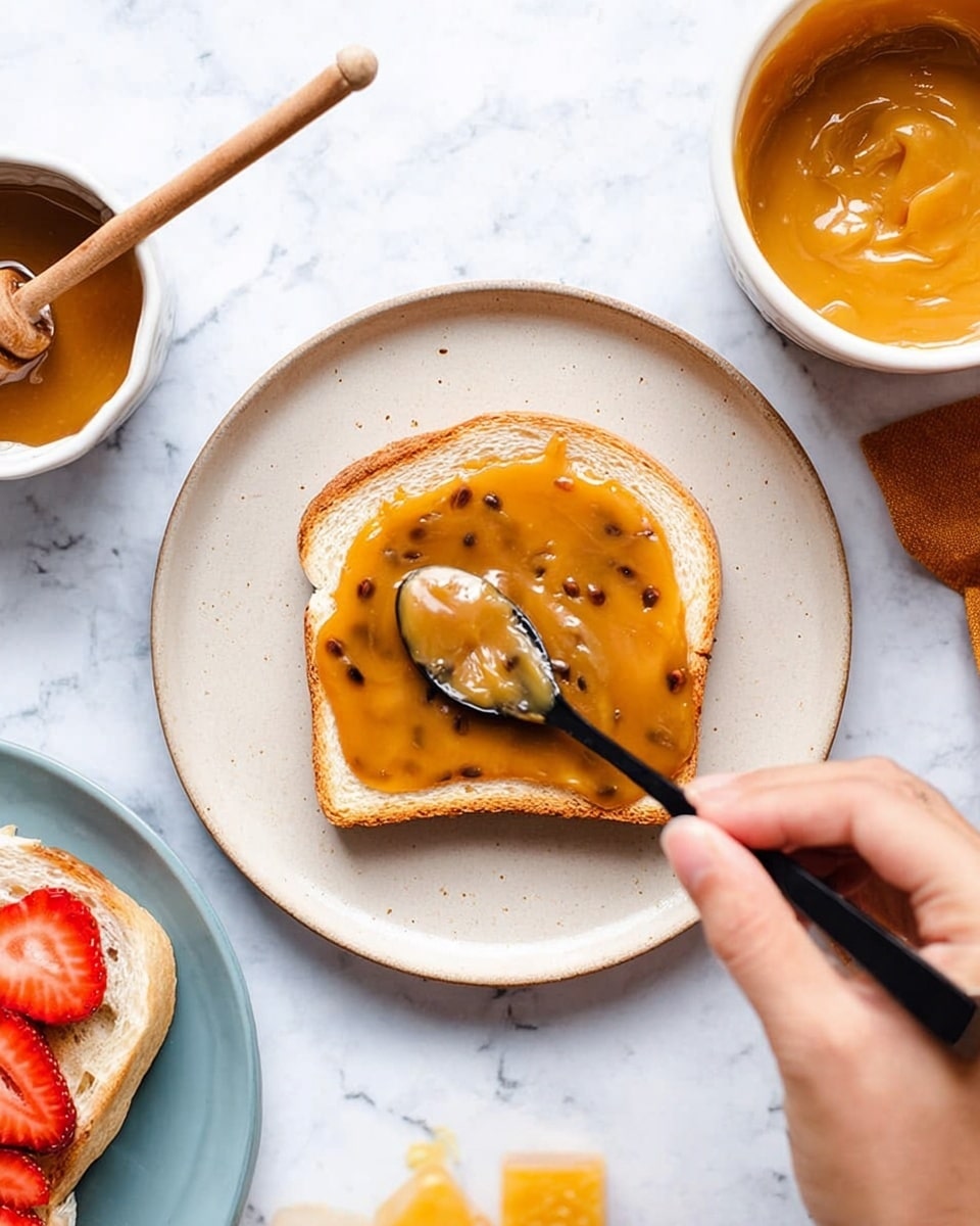 A single slice of soft white bread placed on a round white plate, spread evenly with thick, shiny golden caramel sauce with small dark bits inside. A woman's hand holding a black spoon is spreading the caramel over the bread. Nearby, a white bowl holds more caramel, and to the side, a jar of honey with a dipper sits on a white marbled texture. Part of another white plate with toast topped with strawberries is also visible at the edge, all on a white marbled surface photo taken with an iphone --ar 4:5 --v 7