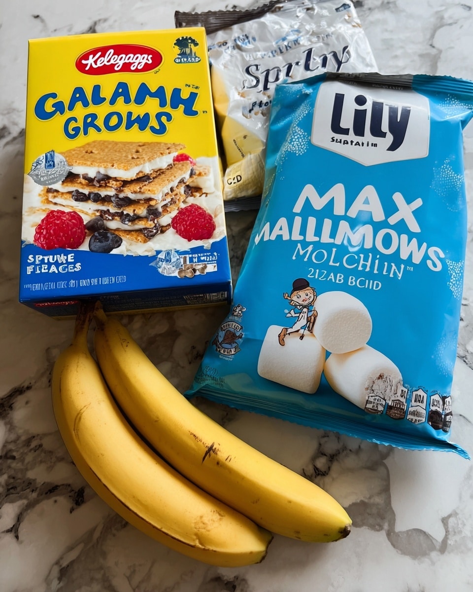 The image shows four main food items arranged on a white marbled counter: a yellow and blue box of Kellogg's graham cracker crumbs with an image of layered desserts with red berries on the front, a blue bag of Max Mallow classic vanilla marshmallows with white and black text and a small cartoon marshmallow figure, a mostly white bag of Lily's milk chocolate style baking chips marked with