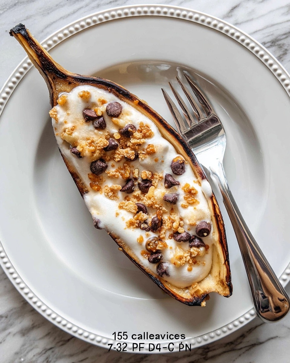 A roasted banana with dark brown skin is split open and placed in the center of a white plate with a beaded rim. Inside the banana, there is a layer of melted, bubbly white marshmallow foam that covers most of the banana's soft, pale yellow flesh. Scattered on top are small, dark chocolate chips and golden brown toasted crumbs, creating a textured topping. A silver fork is partially inserted into the banana on the right side. The plate sits on a white marbled surface with subtle veins, and simple nutrition text