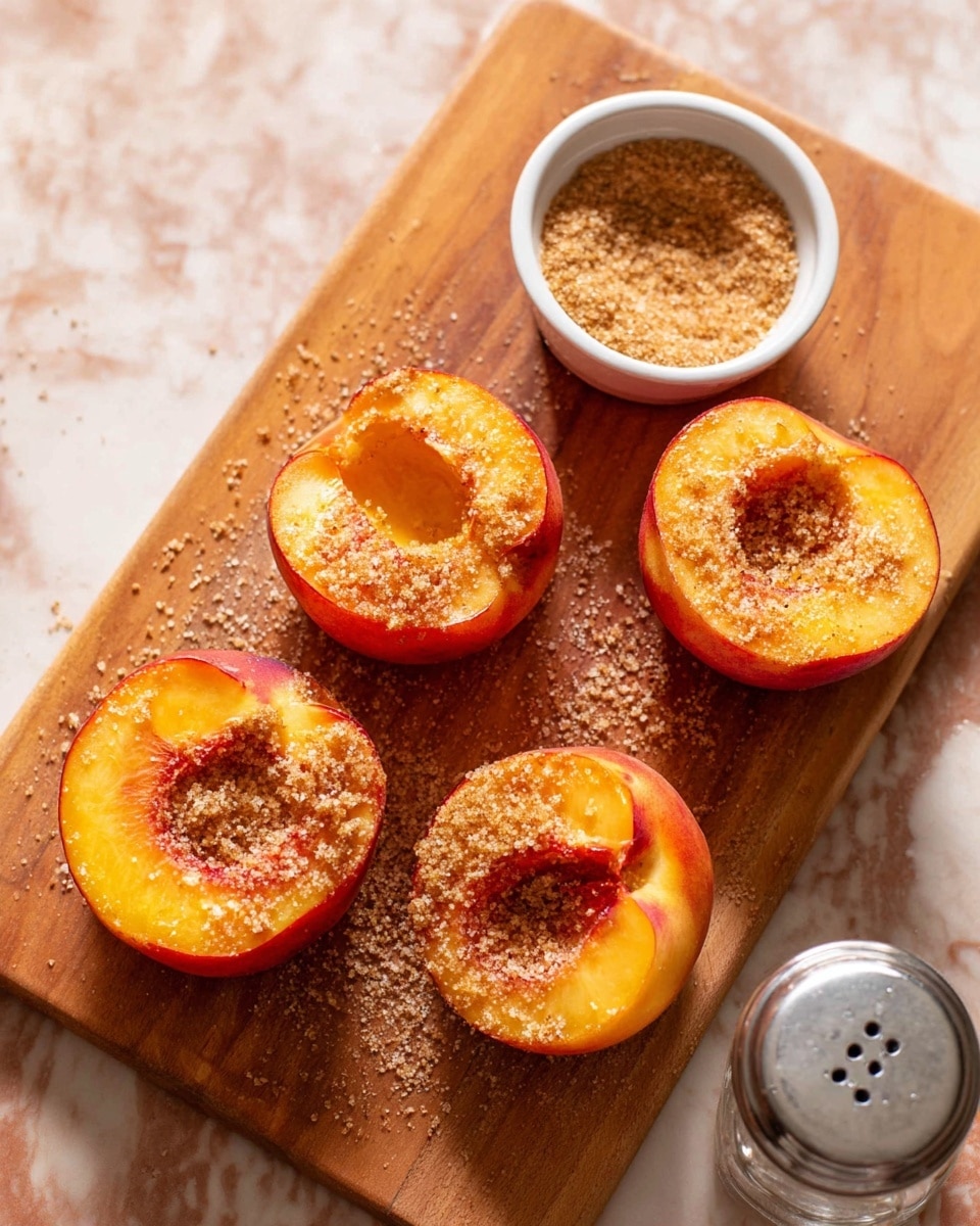 Four peach halves are placed on a wooden cutting board with bright orange and red skin facing up. Each peach half has a layer of light brown sugar sprinkled on the hollow center and slightly melted flesh. A small white ceramic bowl filled with more brown sugar sits near the top of the board, with some sugar spilled around it. A clear salt shaker is partially visible at the bottom right corner of the board. The background shows a white marbled texture surface. photo taken with an iphone --ar 4:5 --v 7