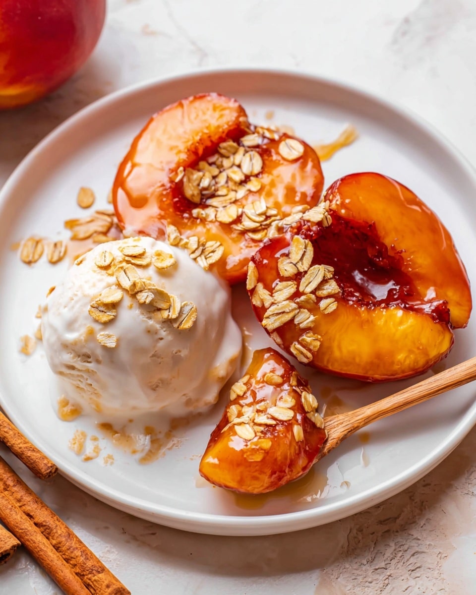 The image shows a white plate on a white marbled surface holding two caramelized peach halves with a shiny, sticky sauce and scattered oats on top. Next to the peaches is a scoop of white ice cream with some oats sprinkled over it, creating a creamy texture contrast. A wooden-handled spoon holds a small peach piece dipped in melted ice cream, resting on the plate near the front. Cinnamon sticks are partly visible near the plate. The photo taken with an iphone --ar 4:5 --v 7