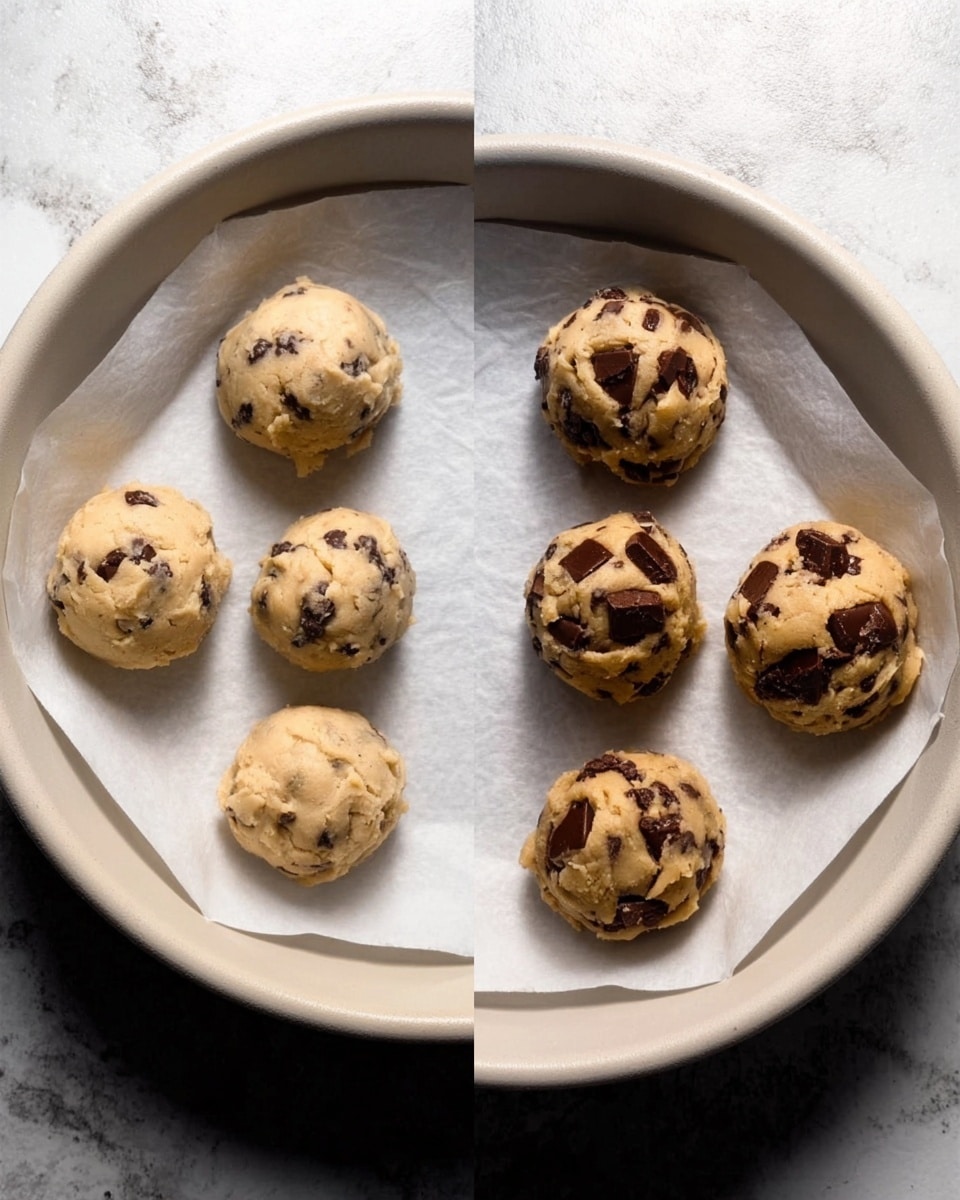 The image shows a round white tray with five cookie dough balls before and after baking. On the left side, the dough balls are pale beige with dark chocolate chunks visible, arranged evenly on white parchment paper. On the right side, the baked cookies have spread out and risen slightly, turning golden brown with melted dark chocolate chunks on top, still resting on the parchment paper inside the white tray. The background is a white marbled texture. photo taken with an iphone --ar 4:5 --v 7