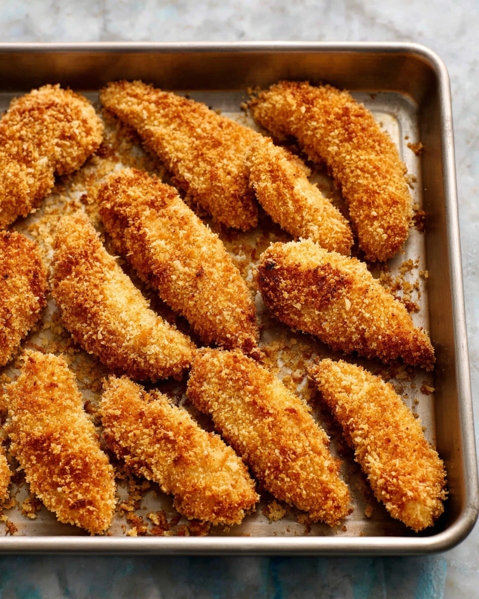 A metal baking tray filled with eleven golden brown, crispy coated chicken strips evenly spread out, each piece showing a textured, crunchy breadcrumb layer with shades of light and darker brown, sitting on a white marbled surface. Photo taken with an iphone --ar 4:5 --v 7