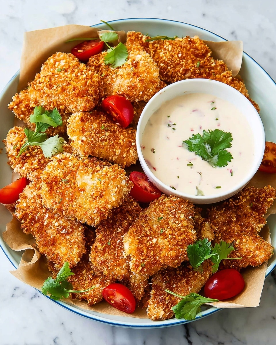 A round white plate holds a layer of light brown parchment paper topped with a pile of golden, crispy breaded chicken pieces arranged around a white bowl of creamy dipping sauce garnished with a small green herb leaf. Bright red sliced cherry tomatoes and fresh green cilantro sprigs peek out from under and between the chicken pieces, adding color contrast. The plate sits on a white marbled surface. photo taken with an iphone --ar 4:5 --v 7
