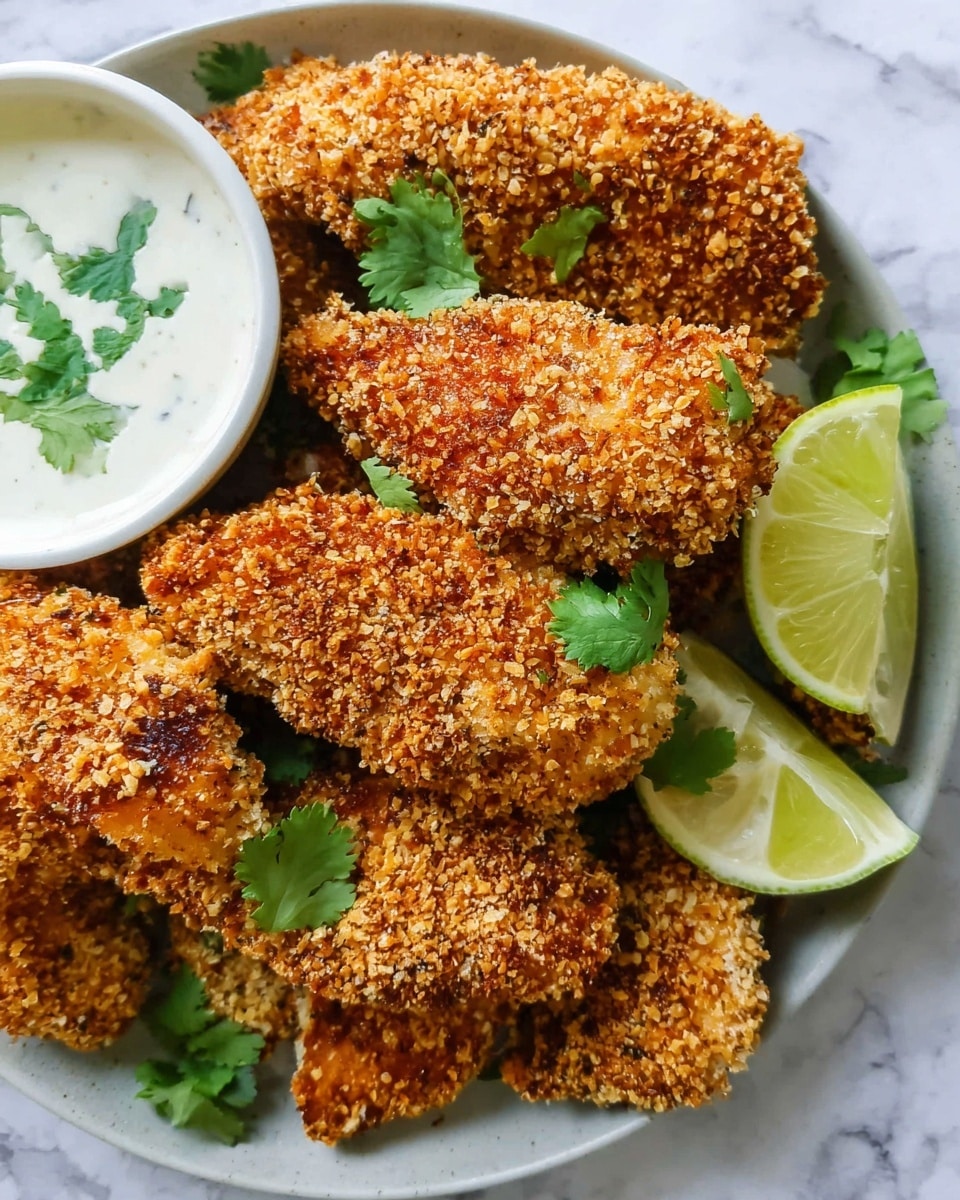 A white plate holds several pieces of breaded fried chicken that have a rough, golden brown crispy coating showing texture from small crumbs. The chicken pieces are layered with some overlapping, and fresh green cilantro leaves are scattered beneath and between them. On the right side of the plate, two thin lime wedges with bright green skin and pale green inside rest on top of the chicken. To the left, a white bowl with creamy white dipping sauce topped with fresh cilantro leaves is partly visible. The plate sits on a white marbled surface. photo taken with an iphone --ar 4:5 --v 7