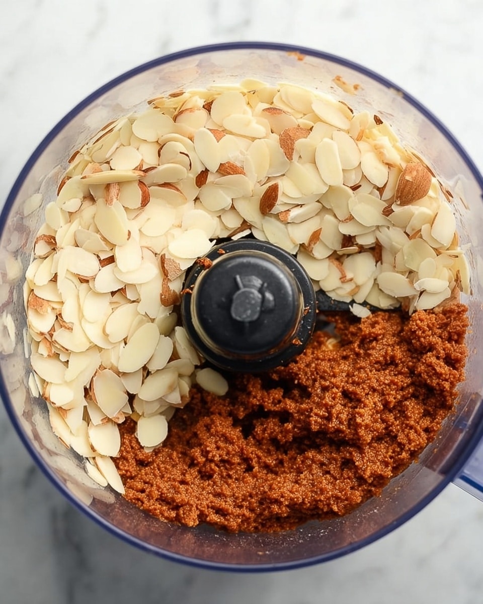 A clear food processor bowl showing two main layers inside: one side filled with a thick, reddish-brown paste with a coarse texture, and the other side layered with a large pile of pale, thinly sliced almond pieces, some showing the light brown skin edges. The food processor's black central blade unit sits in the middle atop the ingredients. The bowl is placed against a white marbled surface. photo taken with an iphone --ar 4:5 --v 7