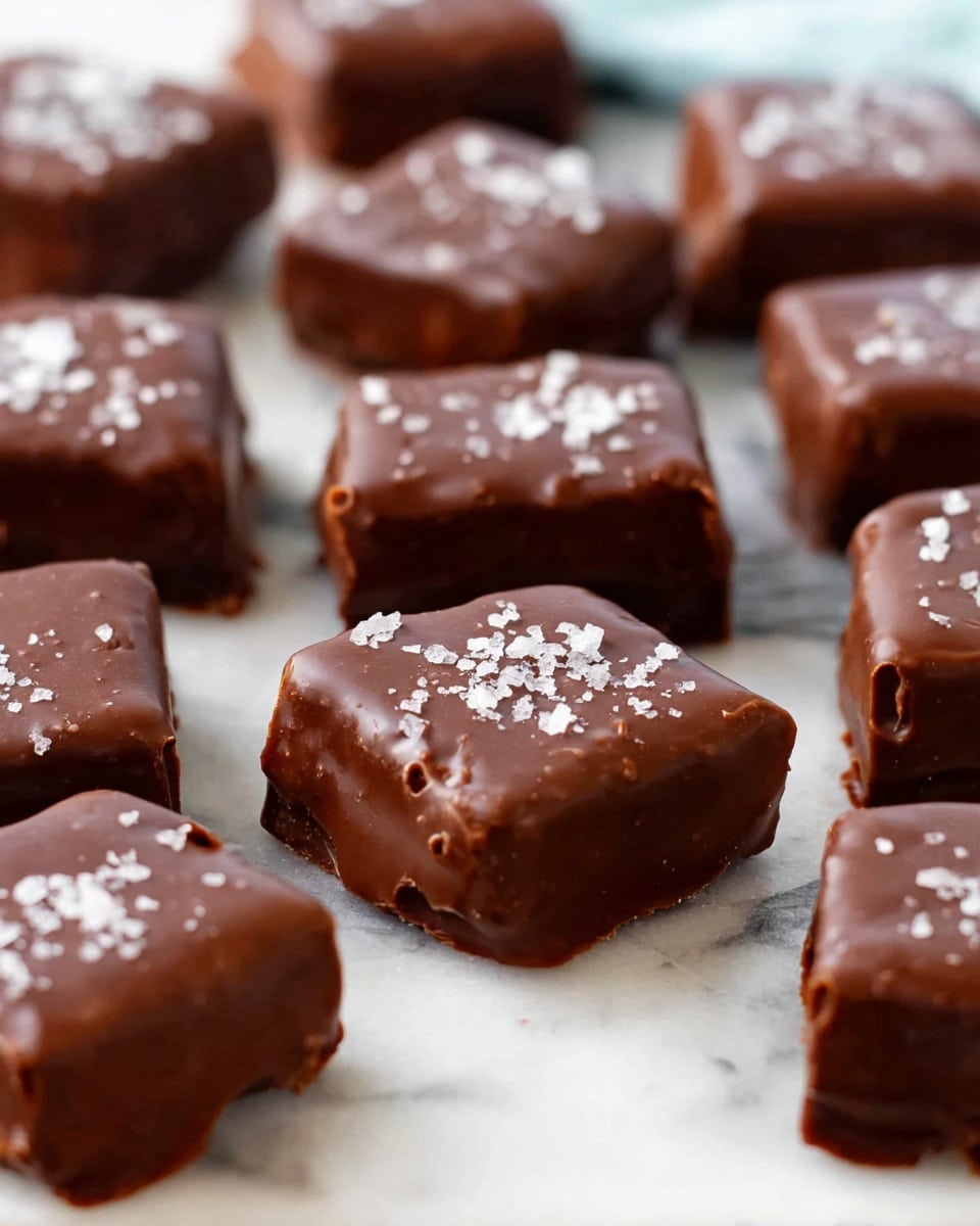 The image shows many small, square-shaped chocolate pieces arranged closely on a white marbled surface. Each piece is covered with a smooth, shiny chocolate layer, and they have a soft texture under the coating. On the top center of each square, there are small white sprinkles of sea salt which add a rough texture and contrast against the dark brown chocolate. The chocolate pieces are placed in a slightly irregular pattern that fills the frame softly out of focus at the back. photo taken with an iphone --ar 4:5 --v 7