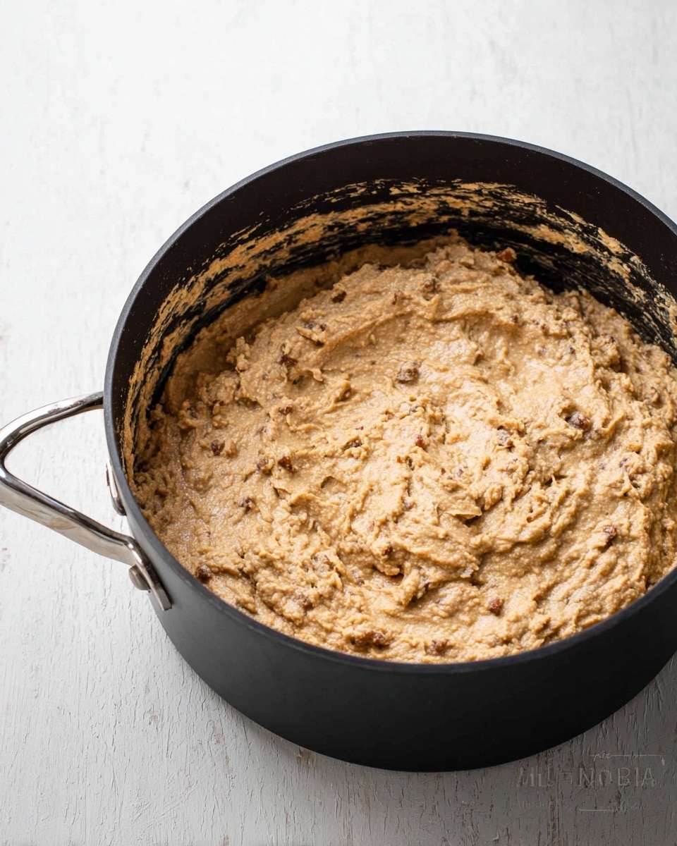 A black pot filled with a thick, chunky beige mixture with small bits of darker brown pieces mixed throughout, sitting on a white marbled surface. The mixture has a textured, slightly lumpy consistency and fills the pot about three-quarters full. The inside edges of the pot have some residue of the mixture, showing the creamy and coarse texture. The pot handle on the left side has a shiny silver tone, and the overall lighting highlights the color and texture of the food clearly. photo taken with an iphone --ar 4:5 --v 7