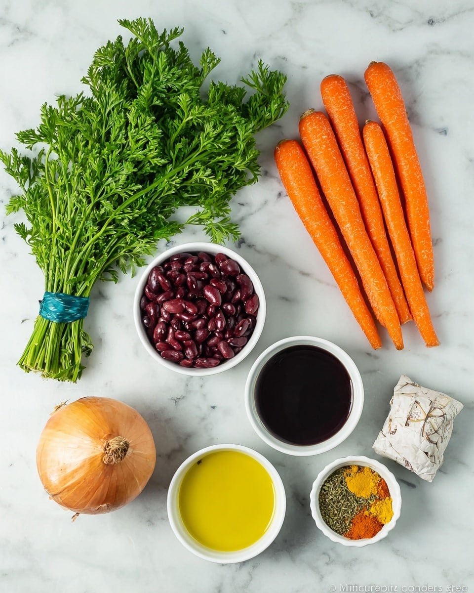 The image shows fresh cooking ingredients arranged on a white marbled surface. On the top left, there is a bunch of bright green carrot leaves tied with a blue band, connected to five orange carrots placed horizontally on the right side. Below the carrot leaves, there is a whole yellow onion with its brown skin still on. In the center, there are three white small bowls: one with black beans, one with red kidney beans, and one with a dark liquid, possibly broth or sauce. There is another small white bowl with a bright yellow liquid, likely oil, and another white bowl containing a mix of orange, green, and yellow spices. Lastly, there is a small wrapped cube, probably a bouillon, to the lower right. All items rest on the white marbled surface. Photo taken with an iphone --ar 4:5 --v 7
