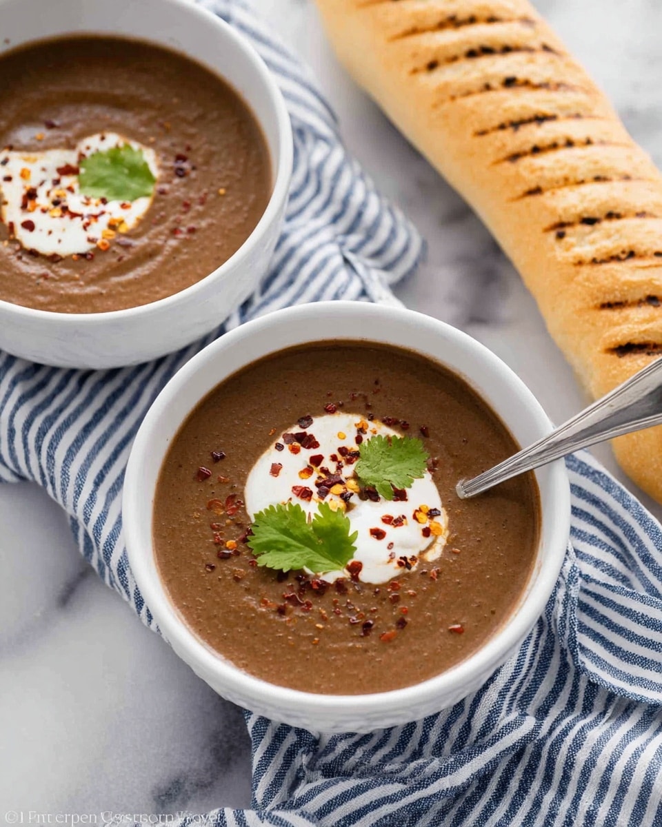The image shows two white bowls filled with smooth, dark brown soup or puree. Each bowl has a dollop of white cream placed slightly off-center on top, with crushed red pepper flakes sprinkled over the cream, and a small green cilantro leaf resting beside it. A silver spoon is placed inside the bowl at the front, partially submerged in the soup. To the right side of the bowls, there is a long, white sandwich roll with grill marks, resting on a blue and white striped cloth. The background is a white marbled texture. photo taken with an iphone --ar 4:5 --v 7