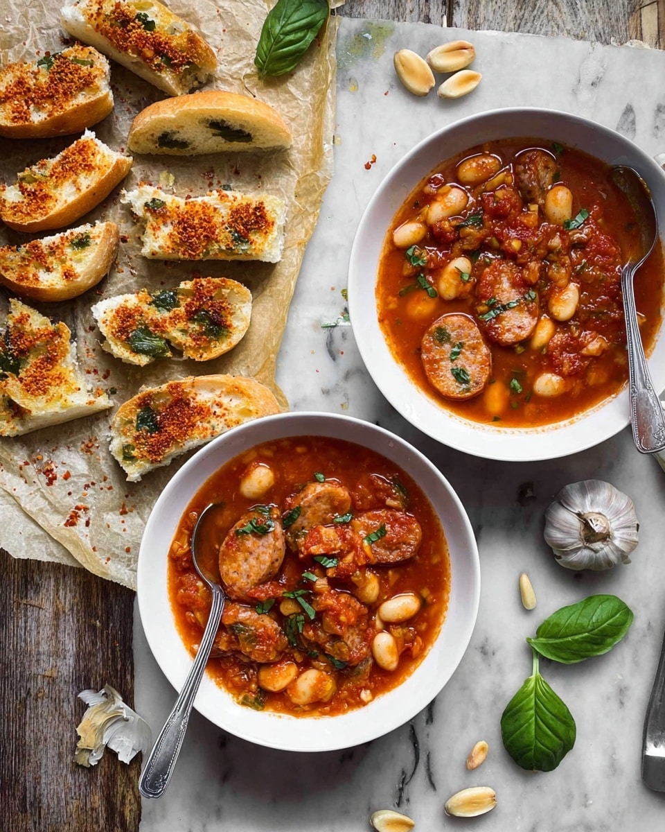 Two white bowls on a white marbled surface hold a rich, chunky tomato stew with sliced sausage and large white beans, garnished with small green herbs scattered on top. Each bowl has a silver spoon resting inside, the stew showing layers of deep red sauce, light brown sausage slices, and creamy white beans. Below, pieces of torn bread with a crispy golden crust are spread out on parchment paper, some topped with a crumbly reddish-brown seasoning and fresh green basil leaves. Around the setting are scattered cloves of garlic, pine nuts, and basil, adding to the rustic feel of the scene. Photo taken with an iphone --ar 4:5 --v 7