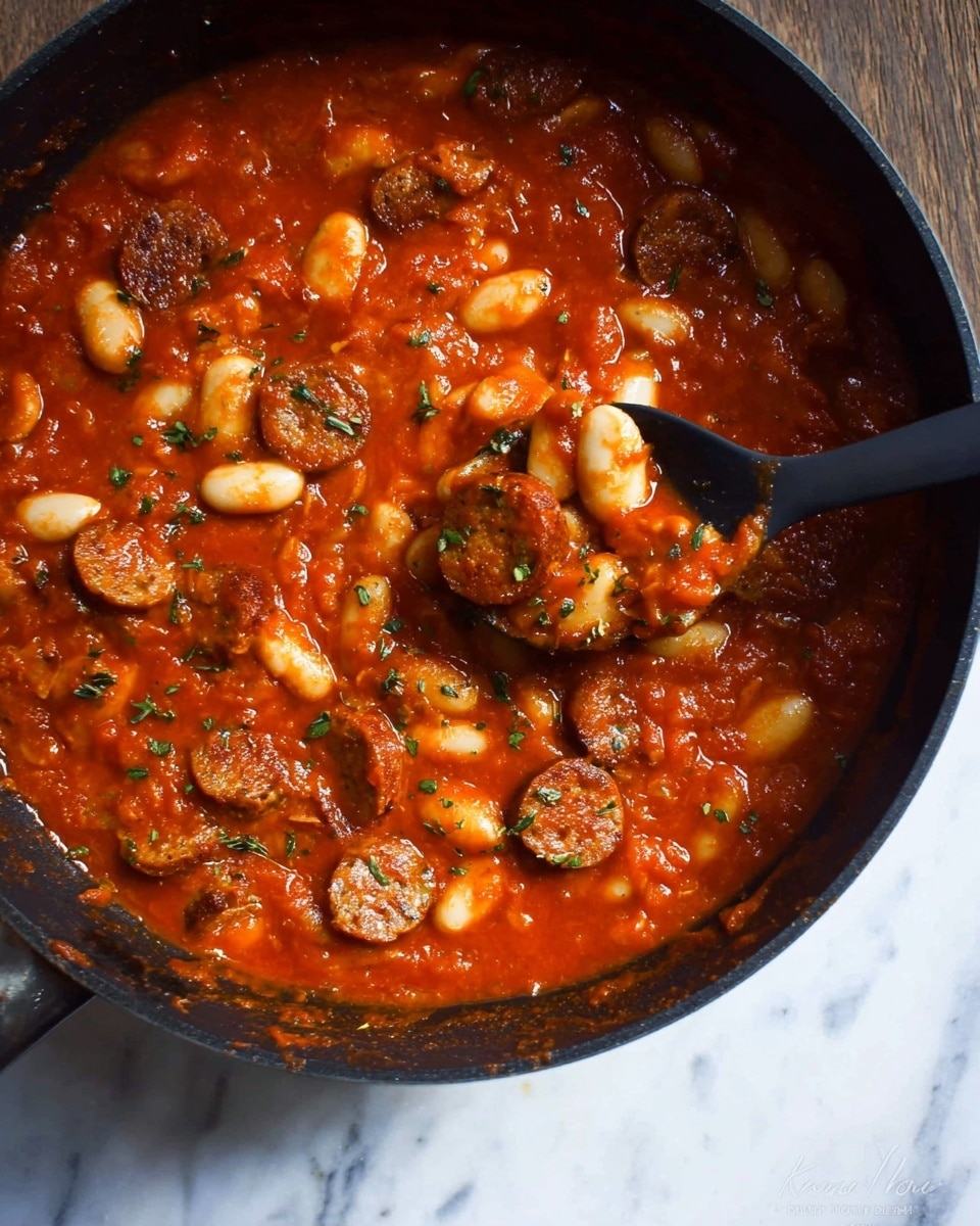 A black pan filled with a thick red tomato sauce that has many white beans and slices of browned sausage mixed throughout. The sauce looks smooth with a few green herbs sprinkled on top. A black spoon lifts a portion, showing the beans and sausage pieces covered in sauce. The pan is set on a white marbled surface. photo taken with an iphone --ar 4:5 --v 7