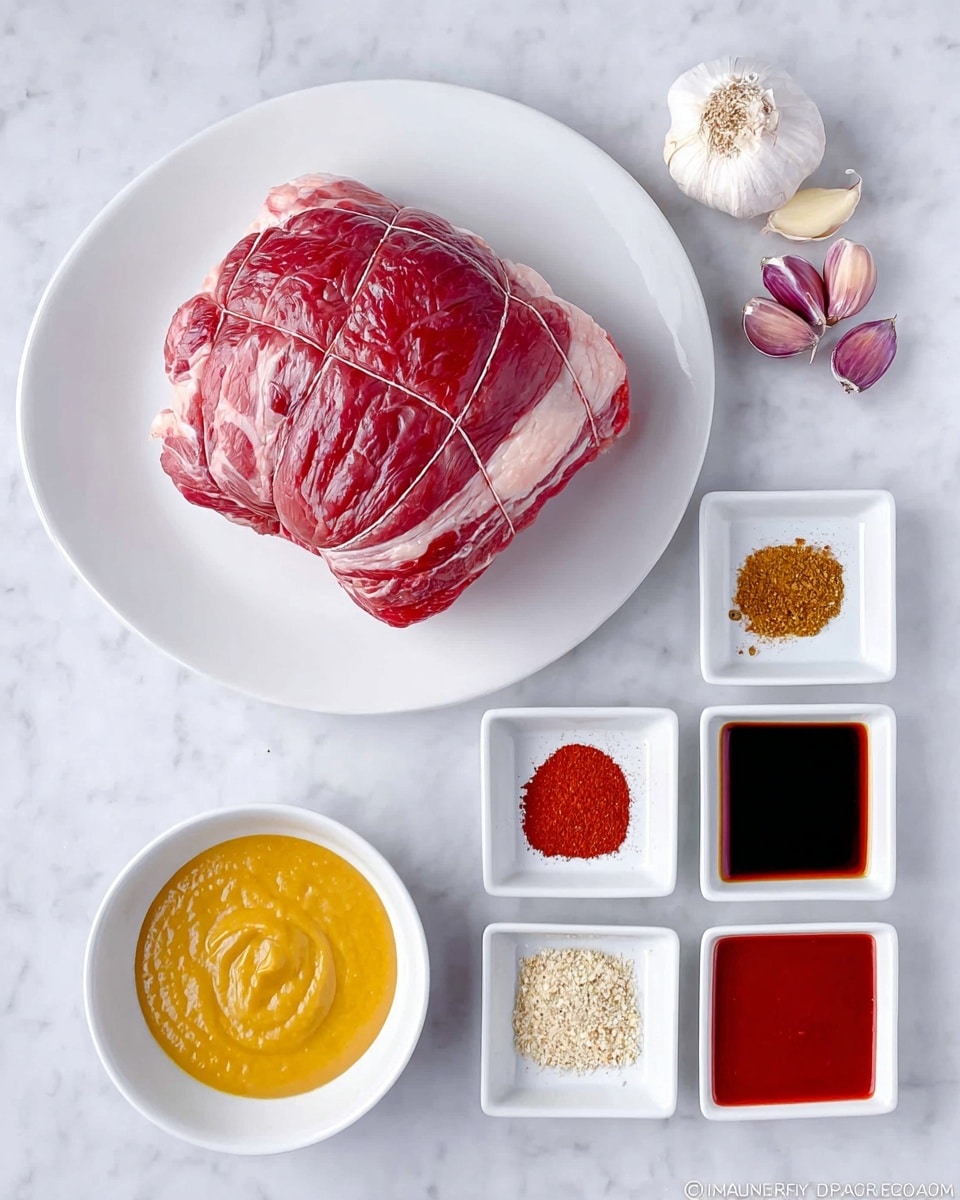 A raw tied roast with visible marbled white fat and red meat placed in the center of a white plate on a white marbled surface. Around it are cloves of garlic with a mixture of paper-thin purple and white skins on the top right corner. Below the roast, there is a small white bowl of various spices arranged in sections showing brown, red, white, beige, and black colors. To the right of the spices, there are three white square bowls arranged vertically: the top one contains a smooth mustard yellow sauce, the middle one has a dark brown thin liquid, and the bottom one holds a thick bright red sauce. Photo taken with an iphone --ar 4:5 --v 7