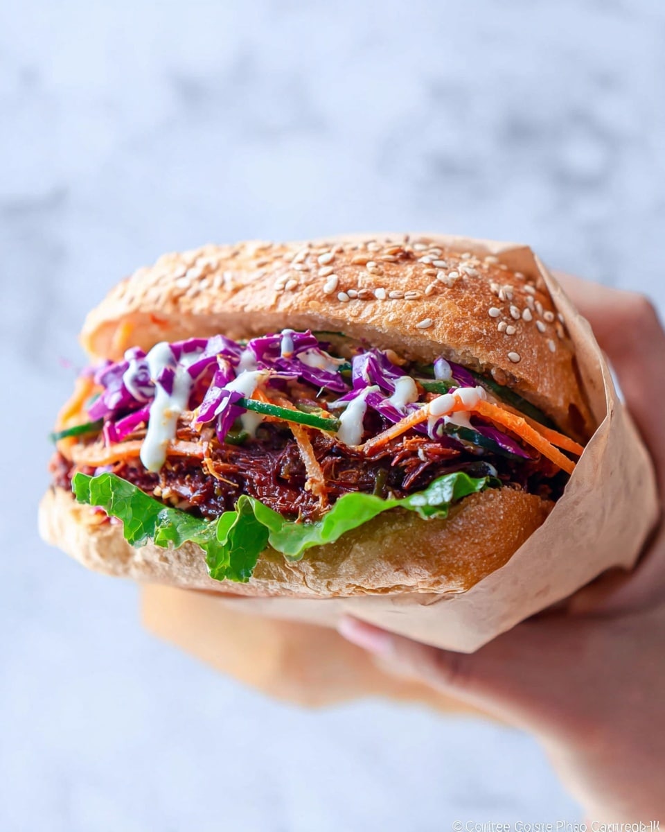 A woman's hand holds a sandwich wrapped in brown paper in front of a white marbled background. The sandwich has a sesame seed bun with three visible layers inside: at the bottom, bright green leafy lettuce; in the middle, dark reddish-brown shredded meat; on top, purple cabbage slaw mixed with light orange shredded carrot and a drizzle of white creamy sauce. The sandwich looks fresh and colorful with a soft texture on the bun photo taken with an iphone --ar 4:5 --v 7