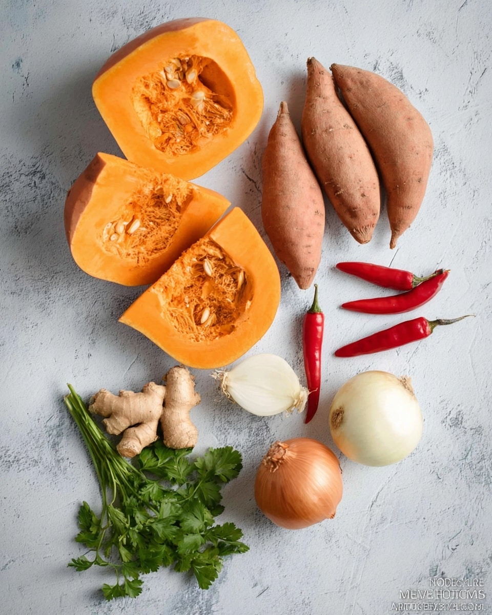 The image shows a white marbled surface with a large orange pumpkin cut into three pieces, revealing its seeds inside. To the right of the pumpkin, there are three sweet potatoes in a row, light brown with rough skin. Below the sweet potatoes, a whole onion and a half onion with white flesh are placed side by side. Two bright red chili peppers lie next to the onions. Below the pumpkin pieces on the left, a fresh beige piece of ginger root is placed near a small bunch of dark green flat parsley leaves. The arrangement is spread out evenly, showing natural textures and colors of each ingredient clearly. photo taken with an iphone --ar 4:5 --v 7