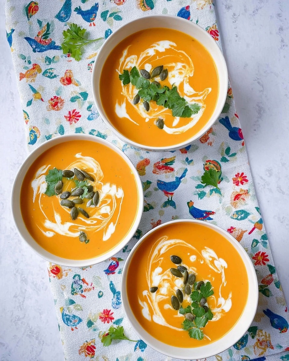 Three white bowls each filled with smooth orange soup, topped with swirled white cream creating a marbled pattern on the surface. Scattered on top are green flat parsley leaves and dark green pumpkin seeds. The bowls sit on a white patterned cloth with small colorful birds and flowers, placed on a white marbled surface. The photo was taken from above, showing all three bowls arranged loosely in a triangle. photo taken with an iphone --ar 4:5 --v 7