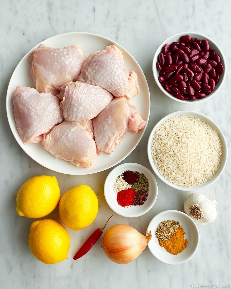 A white plate in the left foreground holds several raw chicken thighs with pale pink skin and slightly textured surfaces. To the right side, small white bowls contain deep red kidney beans, plain white rice grains, and mixed spices showing vibrant colors of orange, red, black, white, and green. Around these bowls are three bright yellow lemons, a whole yellow onion with a rough outer skin, one small red chili pepper with a smooth surface, and a small bulb of garlic with white papery skin. All items are arranged neatly on a white marbled textured surface. photo taken with an iphone --ar 4:5 --v 7