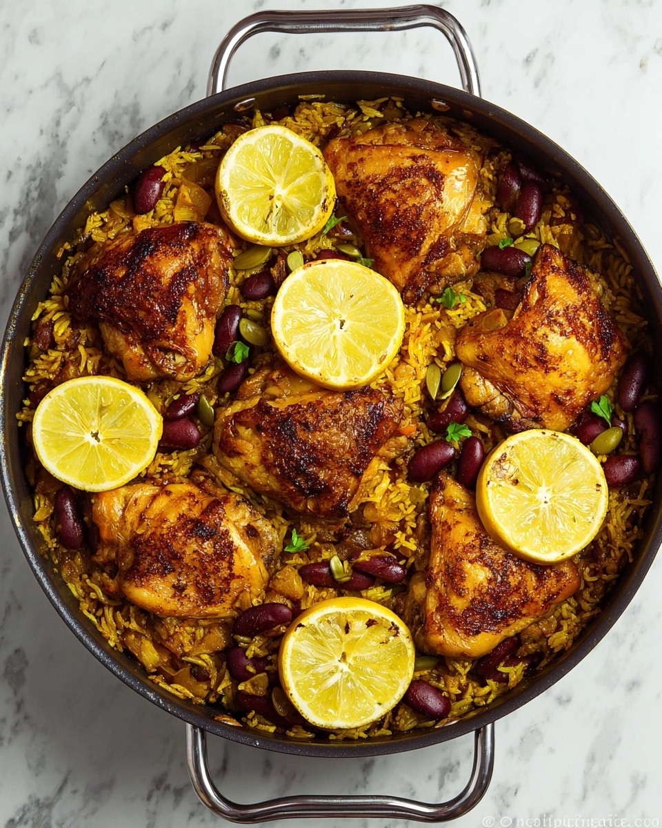 A black pan holds a dish with layers starting from a base of cooked yellowish rice mixed with dark red kidney beans, creating a textured and colorful foundation. On top of the rice, several pieces of browned chicken thighs are placed evenly, their skin crispy and golden-brown with darker roasted spots. Slices of bright yellow lemon with visible seeds lie scattered over the chicken, adding a fresh, vibrant contrast. The pan rests on a white marbled surface, adding a clean and elegant touch to the setting. Photo taken with an iphone --ar 4:5 --v 7
