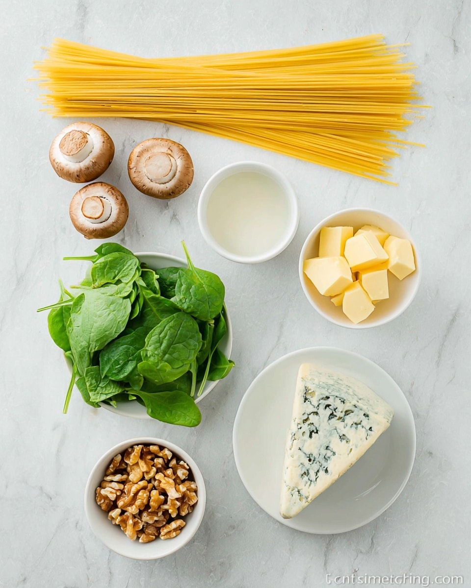 The image shows raw ingredients for a pasta dish arranged neatly on a white marbled surface. There is one layer of uncooked yellow spaghetti placed flat and spread out slightly. To the left and below the spaghetti are two clusters of brown mushrooms with a smooth texture. In the middle, there is a small pile of fresh green spinach leaves with visible veins. Above the spinach, two small white bowls hold different ingredients: one contains a white creamy liquid and the other is filled with small yellow butter cubes. To the right, a white plate holds a wedge of blue cheese with white and blue-green mold patterns. In front of the spinach, a small white bowl contains roughly chopped brown walnuts with a rough surface. The neat placement and colors create a fresh and natural look. Photo taken with an iphone --ar 4:5 --v 7