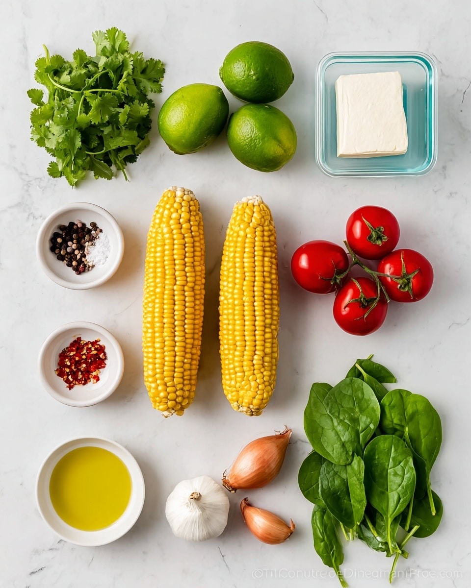 The image shows an organized layout of fresh ingredients on a white marbled surface. There is a small bunch of bright green cilantro in the top left corner, next to two whole green limes. Below the limes, there is a clear container with a white block of cheese. Two corn cobs with yellow kernels are placed vertically in the center. To the right of the corn, there are three small, light brown shallots, and below them, a whole white garlic bulb. In the top right corner, a small cluster of red cherry tomatoes is attached to their green stems. Below the tomatoes, a bunch of fresh green spinach leaves lies flat. Near the center top, a small white bowl contains yellow oil. At the bottom left, there are three small white bowls holding black peppercorns, red chili flakes, salt, and a small amount of red sauce. The clean and bright arrangement emphasizes the colors and textures of the fresh ingredients. photo taken with an iphone --ar 4:5 --v 7