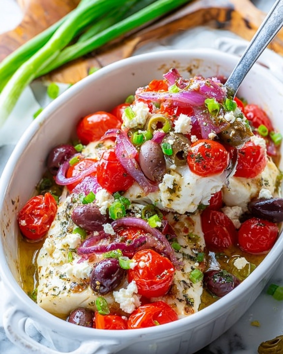 The image shows a white oval dish filled with two thick pieces of cooked white fish topped with bright red cherry tomato halves, dark purple olives, chopped light green peppers, and small crumbles of white cheese. Thin slices of purple-red onions are layered on top and some scattered freshly chopped green onions add a pop of color. A silver serving spoon is lifting one piece of fish, showing its moist texture underneath the toppings. The dish is placed on a white marbled surface with green onions and a wooden board partly visible in the background. photo taken with an iphone --ar 4:5 --v 7
