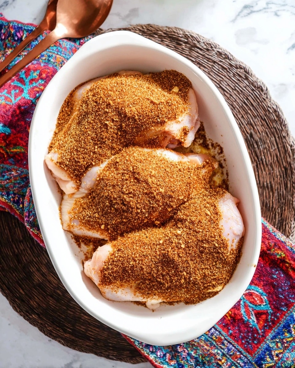 The image shows a white oval dish holding three raw chicken pieces, each covered with a thick layer of brownish spice mix that appears grainy and textured. The chicken pieces are pale pink with smooth and slightly shiny skin, and the spice mix is spread unevenly over the top and sides of the chicken. The dish is placed on a round, woven dark brown placemat, and beneath that is a colorful cloth with red, blue, and green patterns. In the top left part of the image, a copper spoon is partially visible. The overall setting is on a white marbled surface. photo taken with an iphone --ar 4:5 --v 7