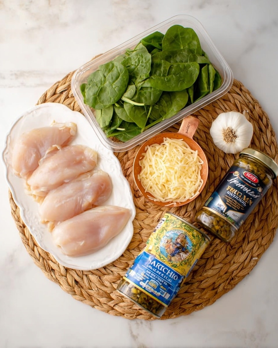 A white textured oval plate at the bottom left holds three pieces of raw pale pink chicken placed side by side, showing smooth and slightly shiny texture. Above the chicken plate, there is a clear plastic box filled with fresh green baby spinach leaves. Next to the baby spinach, towards the center right, is a small copper measuring cup filled with shredded pale yellow cheese. Below the cheese cup is a canned container with labeled artichoke hearts, featuring a blue and yellow design. To the right of the can is a jar of sun-dried tomato halves in oil, with a dark label and golden contents visible through the glass. A whole white garlic bulb sits near the jar, close to the bottom right edge. All items are arranged on an oval woven light brown placemat resting on a white marbled surface. photo taken with an iphone --ar 4:5 --v 7