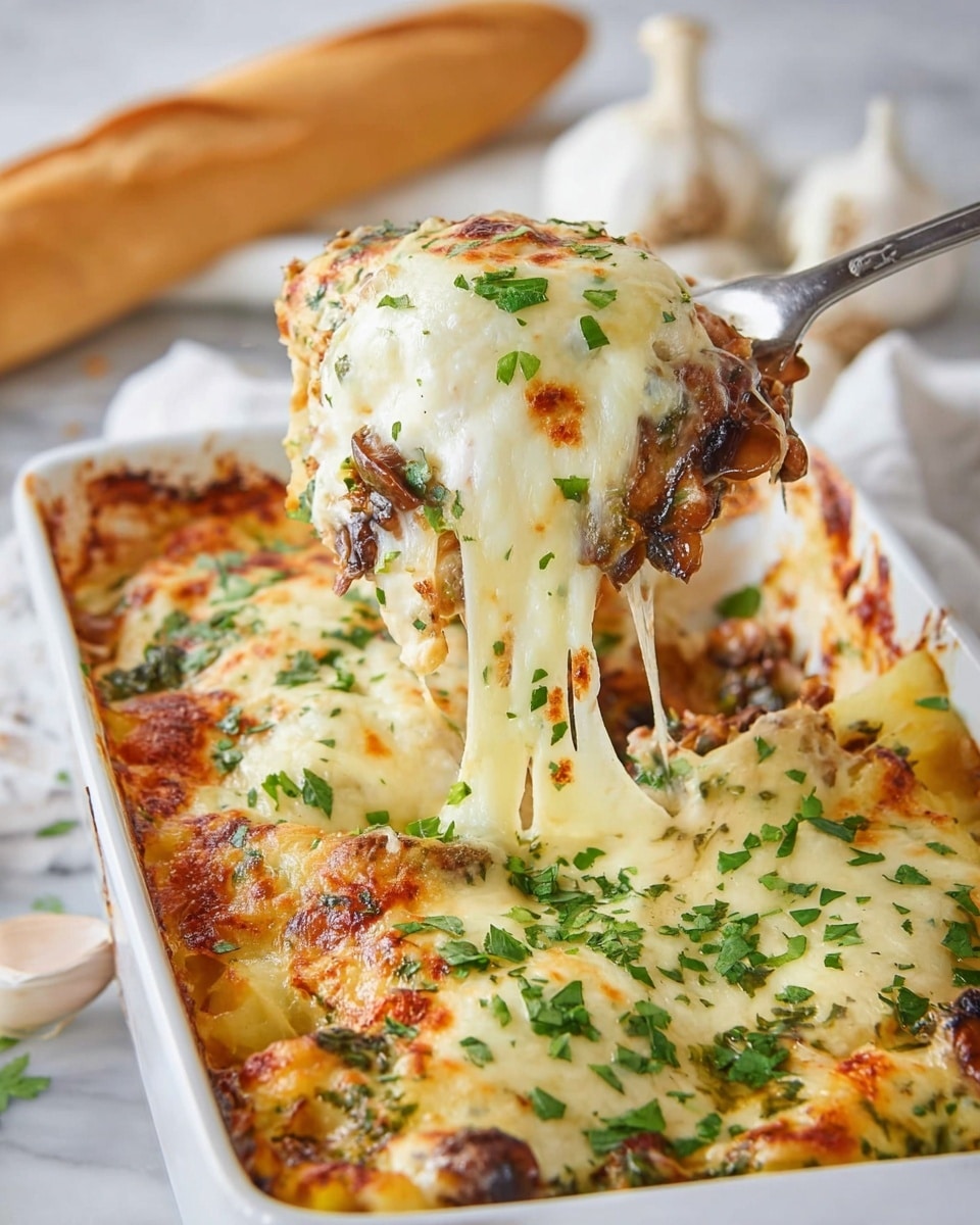 A white rectangular baking dish filled with a rich, multi-layered casserole is shown with a serving lifted by a fork. The top layer is golden-brown melted cheese with some crispy edges and browned spots, dotted with bright green chopped herbs. Below the cheese, layers of creamy sauce, mixed vegetables, and bits of browned meat or mushrooms peek through. The dish sits on a white marbled surface, with a white baguette and garlic visible blurred in the background. The cheese stretches in long strands from the dish to the lifted portion, showing its melted texture, and the whole scene is bright and inviting. Photo taken with an iphone --ar 4:5 --v 7