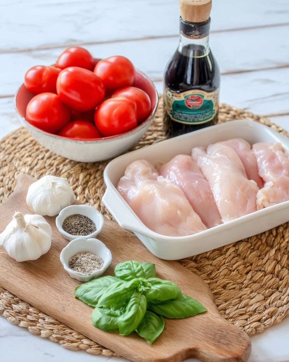 The image shows fresh raw chicken pieces placed in a white ceramic dish on a woven straw mat. Next to it is a white bowl filled with six ripe red tomatoes. In front, a small wooden cutting board holds fresh green basil leaves spread evenly, with small piles of black pepper and salt nearby. Two whole garlic bulbs rest next to the dish and cutting board. A dark glass bottle of balsamic vinegar stands behind the bowl. The entire setup sits on a white marbled surface. Photo taken with an iphone --ar 4:5 --v 7