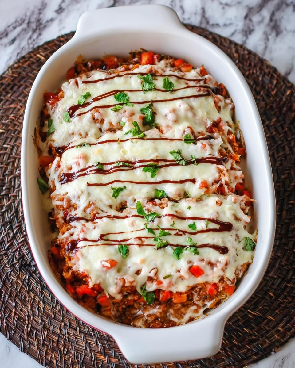 A white oval baking dish filled with a layered baked dish, showing three main layers: the bottom layer is a mix of minced meat and sauce with a light brown color, the middle layer is diced red and orange vegetables mixed in with chopped green herbs, and the top layer is melted white cheese with slight golden brown spots. Thin dark brown sauce lines are drizzled evenly across the top of the cheese, and small pieces of green herbs are scattered on top for garnish. The dish sits on a dark woven mat over a white marbled surface. Photo taken with an iphone --ar 4:5 --v 7