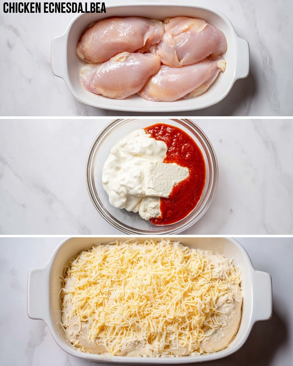 The image shows a simple three-step visual of a chicken enchilada casserole preparation. The top section features four raw, light pink chicken pieces laid evenly inside a white oval dish set on a white marbled surface. The middle section contains a clear glass bowl filled with three creamy ingredients: a large block of white cream cheese, a dollop of white sour cream, and bright red enchilada sauce partially spilling over the cream cheese. The bottom section shows a white casserole dish filled with the blended creamy mixture spread out flat and topped with a layer of finely shredded yellow and white cheese, ready to bake, all set against the white marbled background, photo taken with an iphone --ar 4:5 --v 7