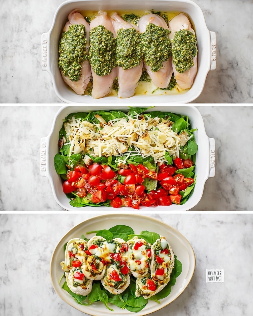 The image shows a step-by-step view of a white baking dish with layers for a chicken spinach dish. The first layer is four raw chicken pieces lined up side by side, each with a thick, rough green pesto sauce spread in the middle. The second layer covers the chicken with a fresh mix of bright green spinach leaves and chunky red tomato pieces scattered evenly. The third layer adds white shredded cheese sprinkled over the spinach and tomato along with light beige artichoke hearts, creating a colorful layered look. The final close-up shows cooked chicken rolls wrapped in spinach, topped with melted cheese and small red pieces, served on a white plate with a green salad on a white marbled surface. Photo taken with an iphone --ar 4:5 --v 7