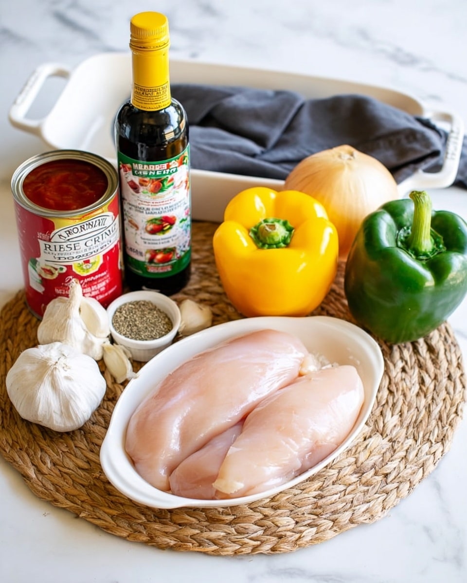 A white oval plate in the front holds three raw light pink chicken breasts with smooth textures. Behind the plate, there is a green bottle of balsamic vinegar with a yellow label and a large white can of crushed tomatoes with a red label. To the right of the can are two bell peppers, one bright yellow and one deep green, both with glossy skins and green stems. Next to the peppers is a large pale yellow onion with a papery outer layer. In front of the onion, two whole garlic bulbs with white skins rest beside a small white bowl filled with mixed dry herbs and salt. All items are placed on a round woven mat, which sits on a white marbled surface. A white oval baking dish with handles is visible behind the ingredients, and a dark gray cloth is on the left side. Photo taken with an iphone --ar 4:5 --v 7