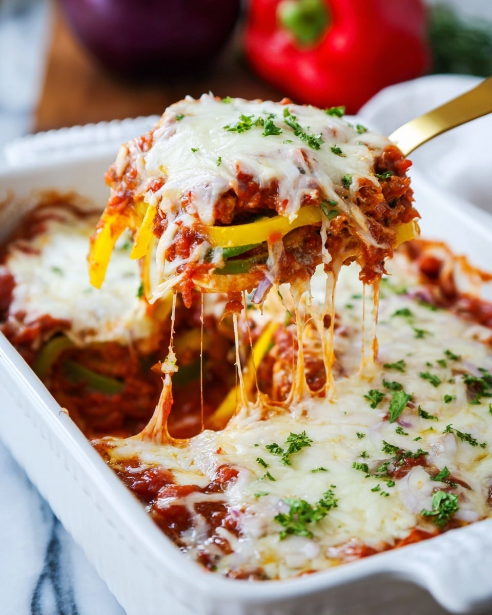 A white baking dish filled with a cheesy baked casserole showing three main layers: a bottom layer of chunky red tomato sauce, a middle layer of yellow bell pepper strips mixed with green slices and thin white onion strips, and a top layer of melted white cheese sprinkled with small green parsley pieces. A golden spatula lifts a portion, stretching thin strings of melted cheese connecting the lifted piece and the remaining casserole. The background features a white marbled texture and out-of-focus red and purple objects. photo taken with an iphone --ar 4:5 --v 7