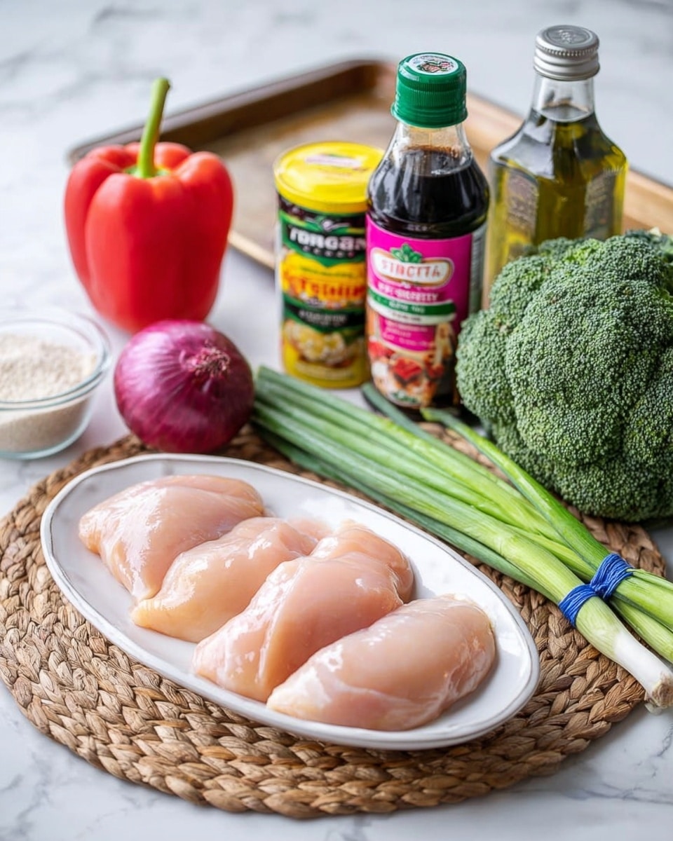 The image shows a white oval plate placed in the center on a woven mat, holding three pieces of raw chicken with a smooth, shiny light pink surface. Behind the plate to the left, there is a whole red bell pepper with a vibrant, glossy skin and a purple onion with dry outer layers. To the left of these, there is a small bunch of fresh green onions tied with a blue rubber band, lying on the woven mat. Behind the plate, slightly to the right, there is a can of yellow pineapple chunks with green and red labeling. Next to it, a bottle of dark brown teriyaki sauce with a bright pink label and a closed cap. On the far right, a bottle of green olive oil with beige labeling stands beside a large head of broccoli with a rich green, bumpy texture. A small glass bowl with white and light brown powders is placed near the broccoli on the woven mat. The whole setup is placed on a white marbled surface with a baking tray blurred in the background photo taken with an iphone --ar 4:5 --v 7