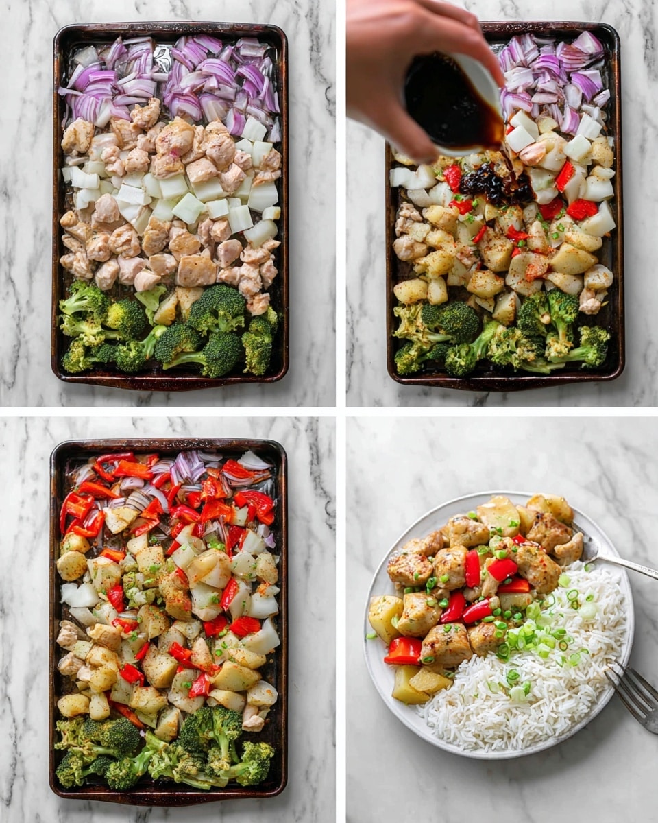 The first image shows a baking tray on a white marbled surface with five neat rows of raw food ingredients. From left to right, there are chunks of light pink chicken, sliced purple and white onions, small white potato pieces, bright green broccoli florets, and bright red bell pepper pieces. In the second image, a woman's hand pours a dark sauce over the chicken pieces on the tray, still on the white marbled surface. The third image shows the same tray after cooking, with the ingredients mixed together, showing browned chicken, softened red peppers, broccoli, potatoes, and onions, all coated in the sauce. The fourth image displays a serving of the cooked mix on a white plate, placed on the same surface, with fluffy white rice as the base, topped with colorful pieces of chicken, red pepper, broccoli, potatoes, and onions, garnished with chopped green onion. photo taken with an iphone --ar 4:5 --v 7